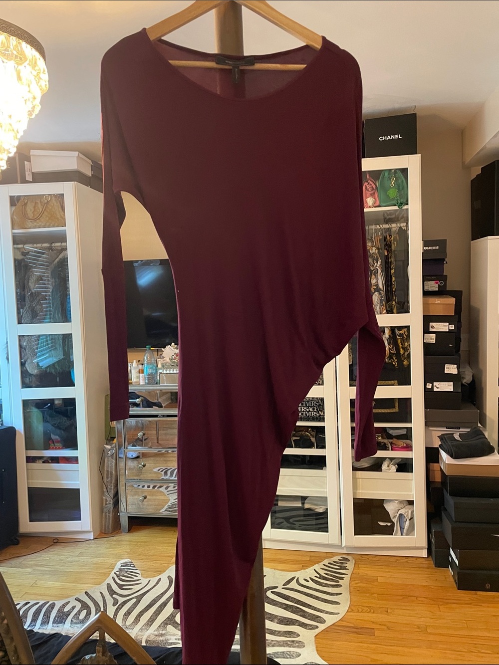 BCBGMaxAzria Burgundy Asymmetric Long-Sleeve Dress